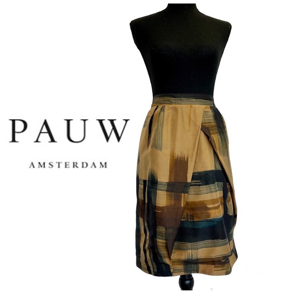 PAUW Amsterdam tan brown 100% silk abstract skirt Sz 14 NWOT